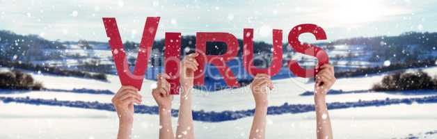 People Hands Holding Word Virus, Snowy Winter Background