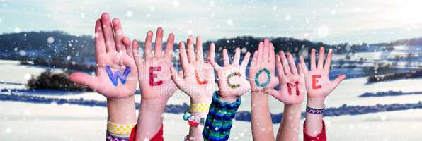 Children Hands Building Word Welcome, Snowy Winter Background