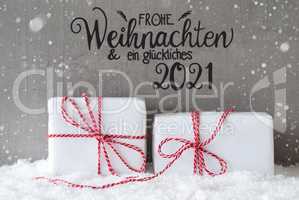 Two White Gifts, Snow, Snowflakes, Cement, Glueckliches 2021 Means Happy 2021