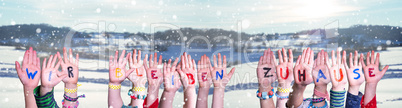 Kids Hands Holding Wir Bleiben Zuhause Mean We Stay At Home, Winter Background