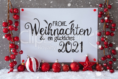 Red Decoration, Sign, Snow, Snowflakes, Glueckliches 2021 Means Happy 2021