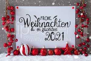 Red Decoration, Sign, Snow, Snowflakes, Glueckliches 2021 Means Happy 2021