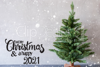 Tree, Merry Christmas And A Happy 2021, Cement Background, Snowflakes
