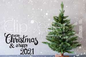 Tree, Merry Christmas And A Happy 2021, Cement Background, Snowflakes