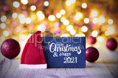 Sparkling Lights, Ball, Red Santa Hat, Merry Christmas And Happy 2021