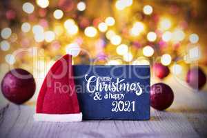 Sparkling Lights, Ball, Red Santa Hat, Merry Christmas And Happy 2021