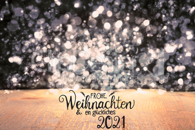 Christmas Background, Red Sparkling Lights, Glueckliches 2021 Means Happy 2021