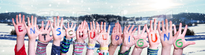Children Hands Building Entschuldigung Means Apology, Snowy Winter Background