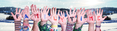 Children Hands Building Word Familytime, Snowy Winter Background