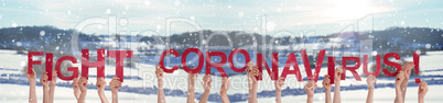 People Hands Holding Word Fight Coronavirus, Snowy Winter Background