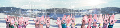 Children Hands Building Word Fight For Your Health, Snowy Winter Background