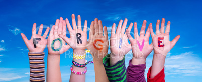 Children Hands Building Word Forgive, Blue Sky