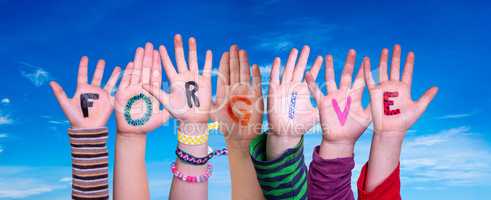 Children Hands Building Word Forgive, Blue Sky