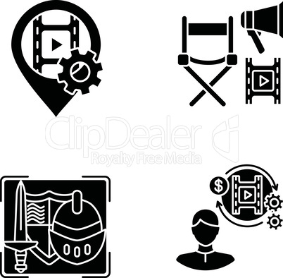 Film production process black glyph icons set on white space