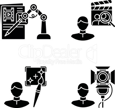 Movie production black glyph icons set on white space