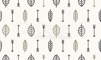 Leaf, arrow and feather vector seamless pattern