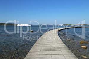 Wooden path to the island to the fortress of St. Nicholas, Croatia