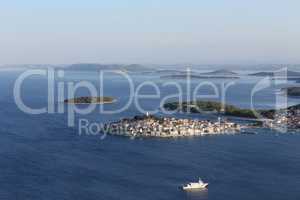 Adriatic tourist destination of Primosten aerial panoramic archipelago view, Croatia