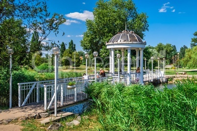 Bridge over the pond and gazebo in Zaporozhye, Ukraine