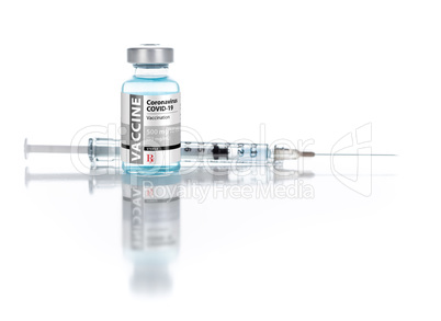 Coronavirus COVID-19 Vaccine Vial and Syringe On Reflective Whit
