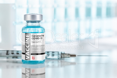 Coronavirus COVID-19 Vaccine Vial and Syringes On Reflective Sur