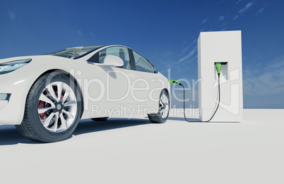 White electric car charges at a charging station, zero emissions