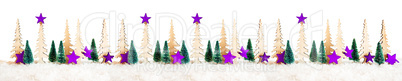 Christmas Tree Banner, Purple Star Decoration, Snow, White Isolated Background