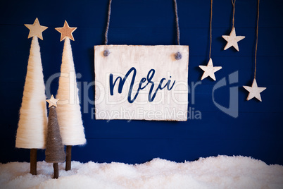 Christmas Tree, Blue Background, Snow, Merci Means Thank You