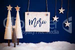 Christmas Tree, Blue Background, Snow, Merci Means Thank You