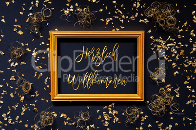 Frame, Golden Glitter Christmas Decoration, Willkommen Means Welcome
