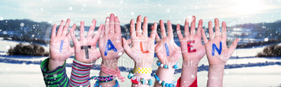 Children Hands Building Word Italien Means Italy, Snowy Winter Background