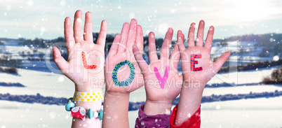 Children Hands Building Word Love, Snowy Winter Background