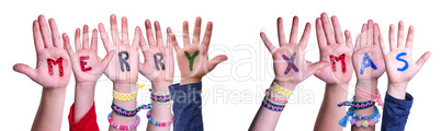 Children Hands Building Word Merry Xmas, Isolated Background