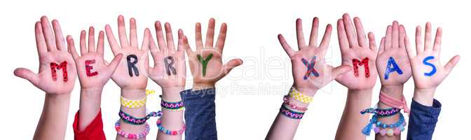 Children Hands Building Word Merry Xmas, Isolated Background