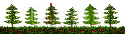Panorama Of Christmas Tree Pattern And Texture, Fir Branches, Red Decoration