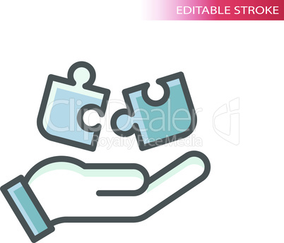 Hand and puzzle pieces line vector icon