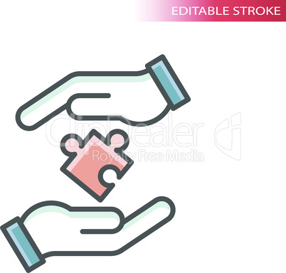 Hands and puzzle piece line vector icon