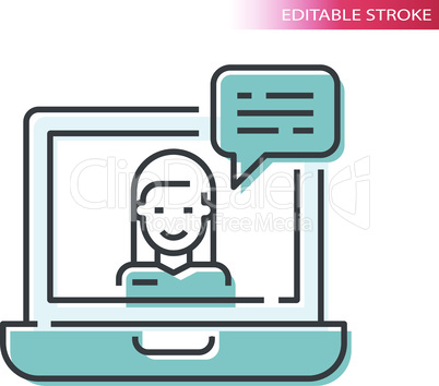 Laptop, woman and chat bubble line vector icon