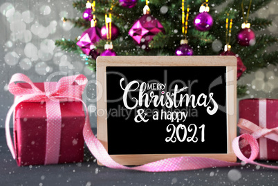 Christmas Tree, Pink Gift, Bokeh, Merry Christmas And Happy 2021, Snowflakes