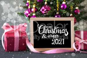 Christmas Tree, Pink Gift, Bokeh, Merry Christmas And Happy 2021, Snowflakes