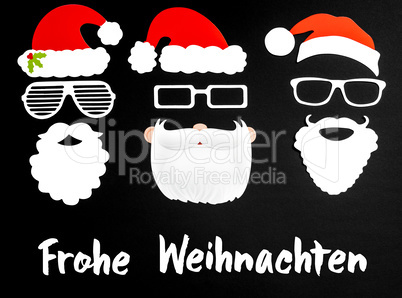 Three Santa Claus Mask, Black Background, Frohe Weihnachten Mean Merry Christmas