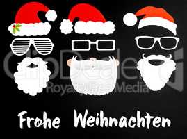 Three Santa Claus Mask, Black Background, Frohe Weihnachten Mean Merry Christmas