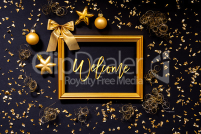 Frame, Golden Glitter Christmas Decoration, Ball, Text Welcome