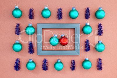 Frame With Two Turquois And Red Ball In Love, Textured Rose Background