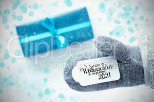 Gray Glove, Turquoise Gift, Label, Snowflakes, Glueckliches 2021 Mean Happy 2021