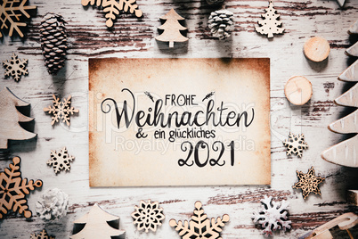 Wooden White Christmas Decoration, Glueckliches 2021 Means Happy 2021