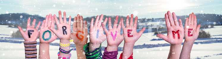 Children Hands Building Word Forgive Me, Snowy Winter Background