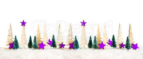 Christmas Tree Banner, Purple Star Decoration, White Isolated Background, Snow