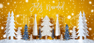 Banner, Tree, Snowflakes, Yellow Background, Feliz Navidad Means Merry Christmas