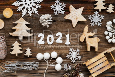 Rustic Wooden Christmas Decoration, 2021, Tree, Fir Cone And Sled